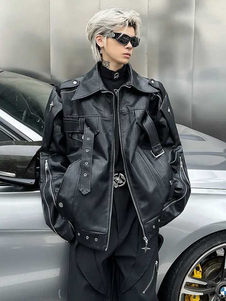 Hip Hop PU Leather Jacket High Street Niche Deconstruction Leather Coat Men Autumn Loose Handsome Casual Motorcycle Suit JacketT251204
