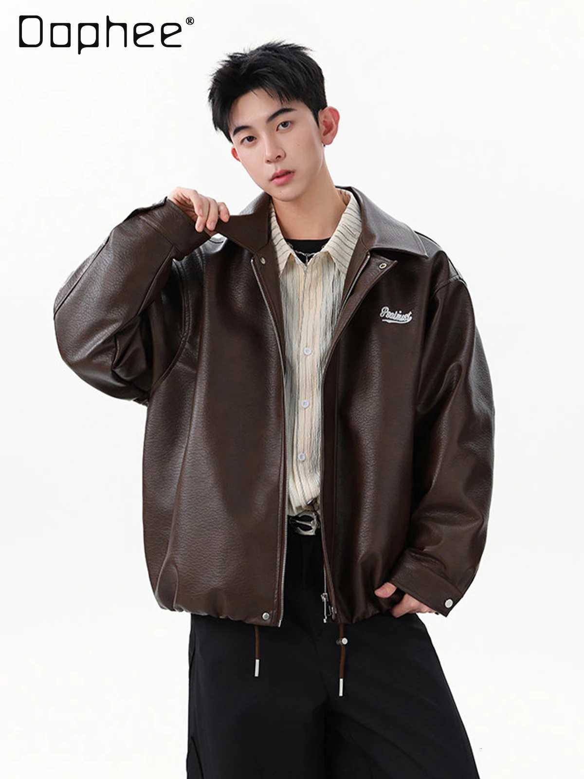 Spring and Autumn American Style Motorcycle Jacket Mens Loose Casual Handsome Turn-down Collar Black White PU Leather JacketT251204