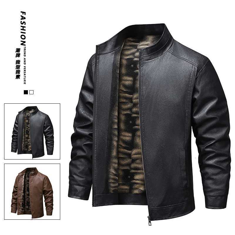 Standing Collar Mens Leather Jacket Brand Fleece Spring New Style Leather Jacket Mens Windproof Casual Motorcycle Warm JacketT251204