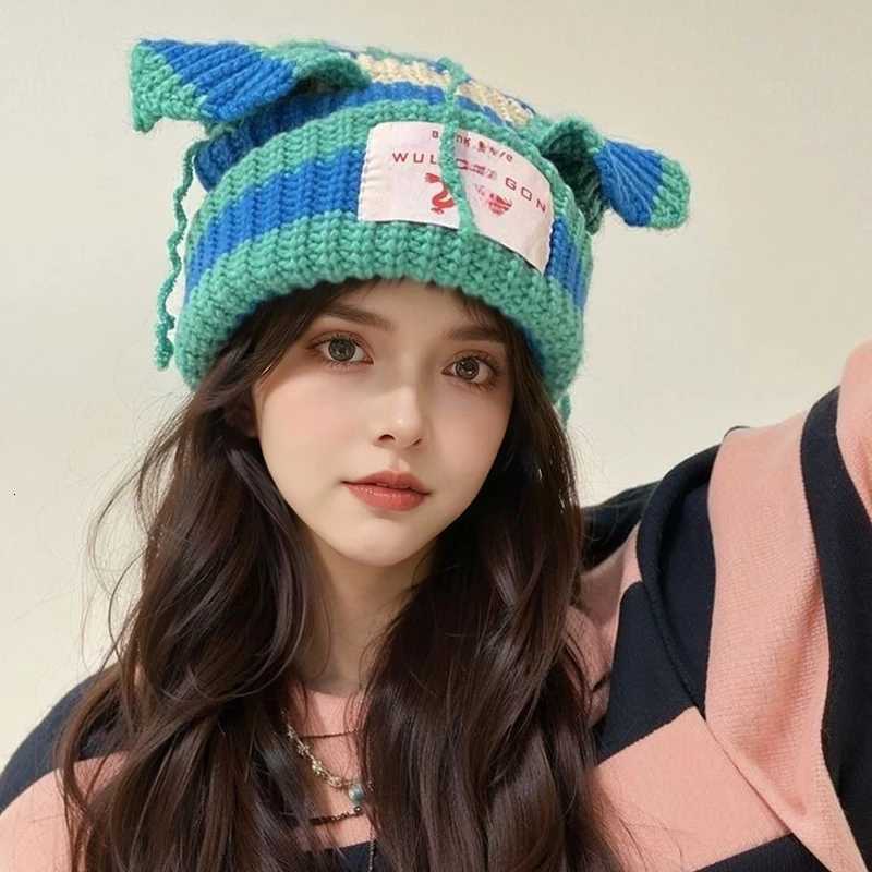 Cat Ears Wool Knitted Hat For Women Winter Cute Face Small Skullies Beanies Big Head Circumference Warm Ear Protection Hat K251204