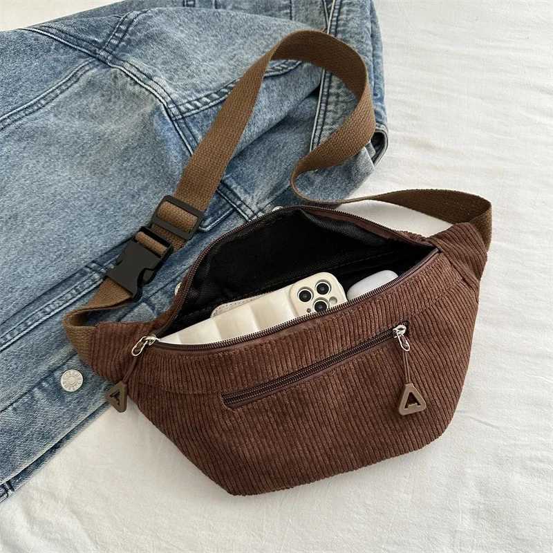 Casual Large Capacity Waist Bag For Women Brown Corduroy Crossbody Chest Bag Leisure Travel Anti theft Belt Bag Banana PurseT251204