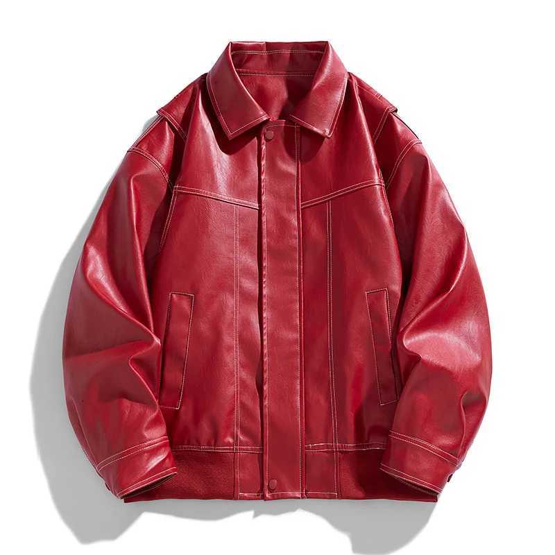 American Retro PU Leather Red Mens Jacket Lapel Collar Casual Loose Fitting Fashion Leather Jackets Couple Street Harajuku CoatT251204