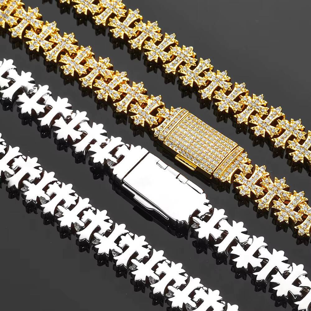 NUOYA Luxury 11MM Iced Out Diamond Link Chain Gold Plated Cross Bling Zircon Necklace Hip Hop Fine Jewelry
