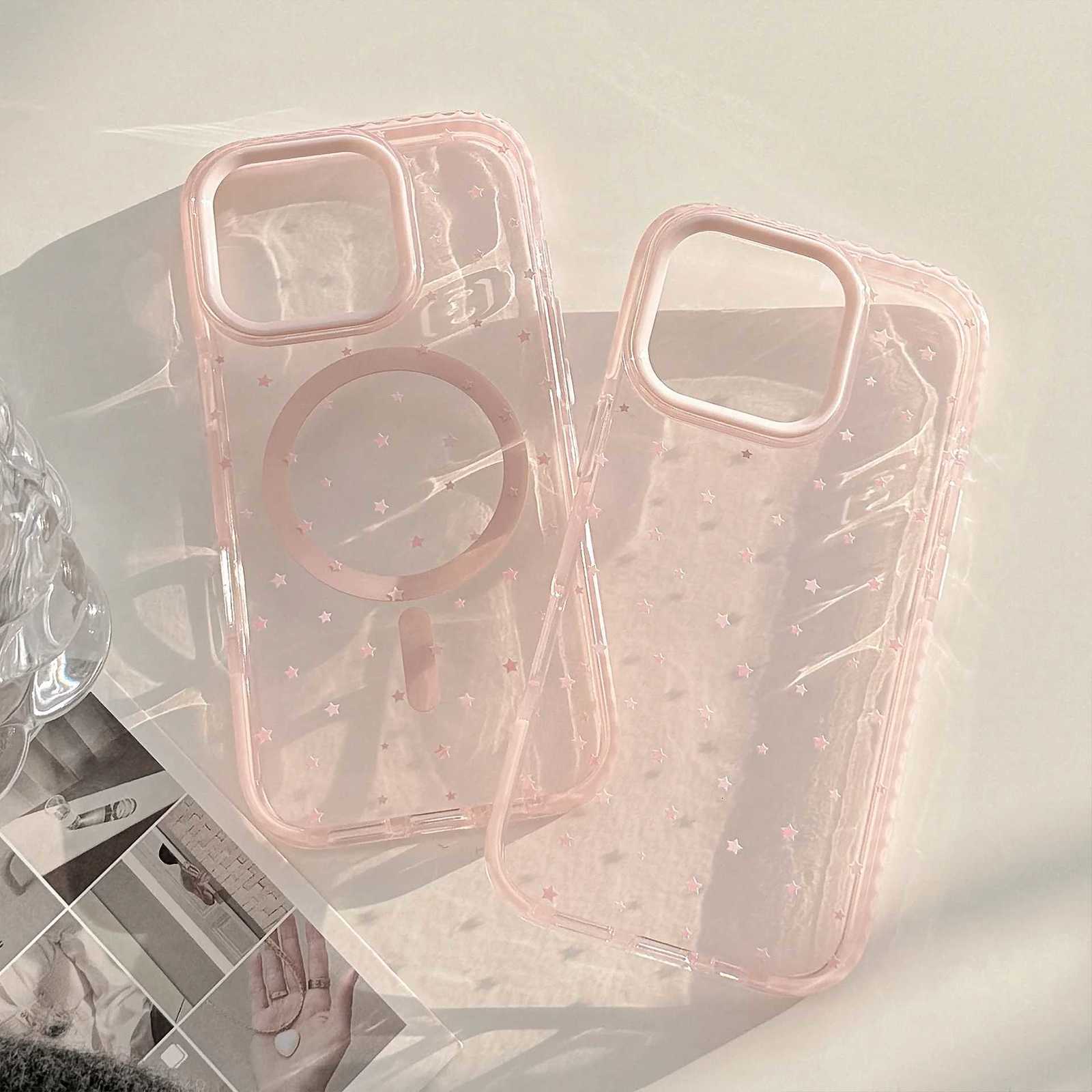 Korean Style Fl Sn Stars Transparent Magnetic Wireless Charging Phone Cover Case for iPhone 17 16 15 14 13 12 Pro Max H251203