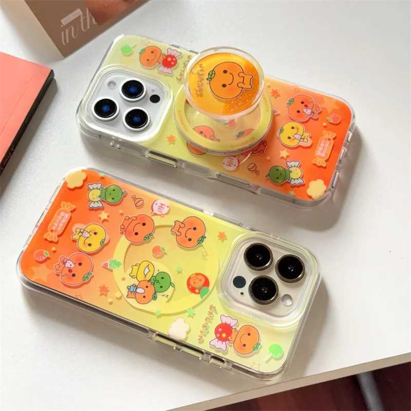 Kawaii Orange Magnetic Phone Case For iPhone 16 Pro 15 14 13 12 Pro Max Cover with Quicksand Stand Air bag Cute Cases H251203