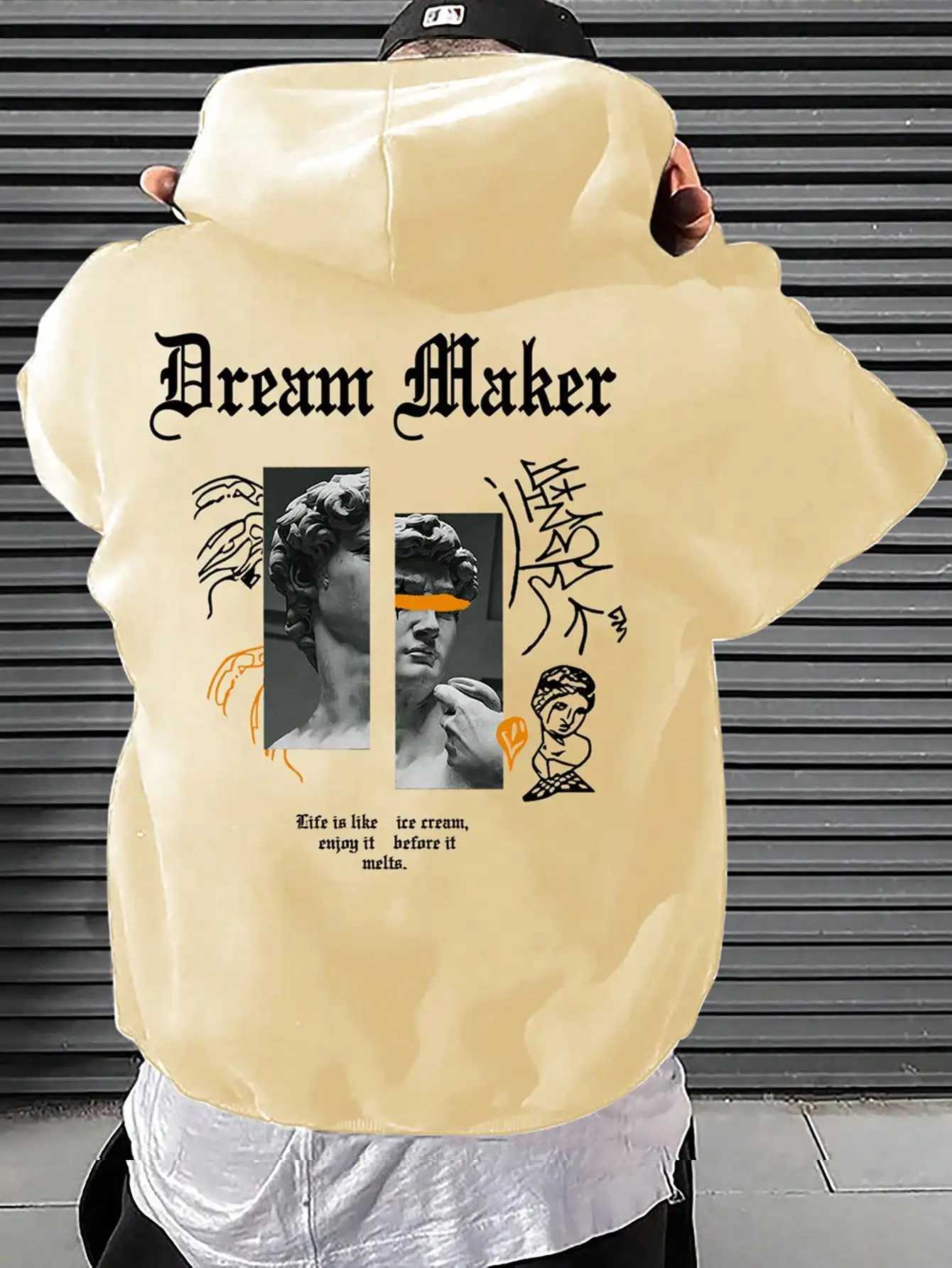Dream Maker Brave Sculpture Pattern Men Clothing Creative Pocket Hoodies Hip Hop Autumn Streetwear Fleece Casual Male Clothing J251203