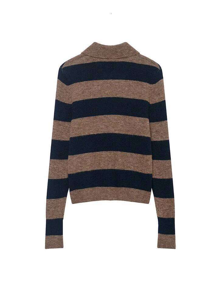 Women's POLO Collar Knit Coat Soft Warm Knitted Cardigan Casual Single Breasted New Striped Chic Simple Female Sweater Tops