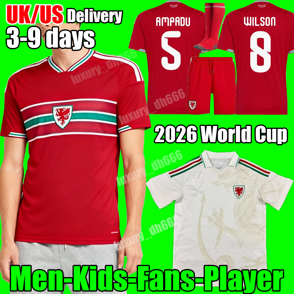 2026 World Cup wales soccer jerseys BROOKS WILSON JOHNSON D.JAMES AMPADU RODON NECO WILLIAMS J.JAMES 4XL home away goalkeeper fans player adult kids kit football shirt