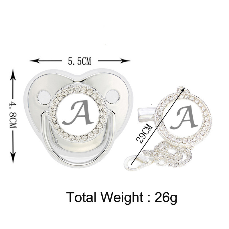 26 Letters silver Point Drill Pacifier Baby silver Letter Soothing Toy with Dust Cover