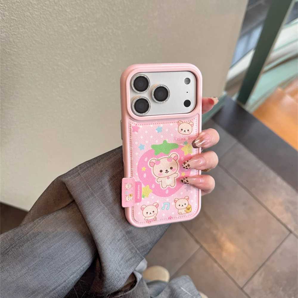 Korea INS Cute Strawberry Bear Fashion Leather Polka Dot Phone Case for iPhone 16 15 14 Pro Max 13 17 Pro Cover Cute Cartoon Fun H251203
