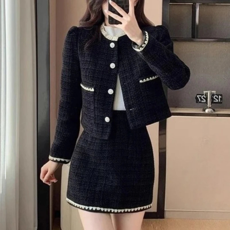 Winter Womens Two Pieces Set Tweed Suit Set with Blazer and Skirt Button Chic Korean Fashion Casual Events Woman Clothes 251203
