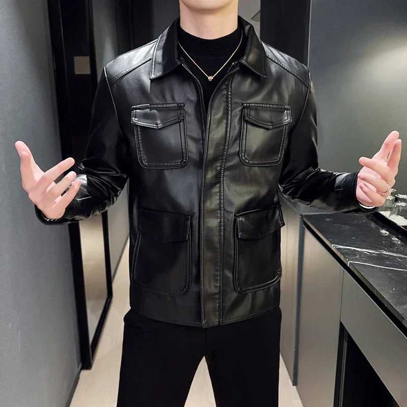 High Quality Clothing Fashion Trend Personalized Leather Mens Jacket New Mens Standing Collar PU Leather Jacket MenT251204