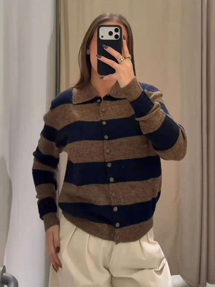 Women's POLO Collar Knit Coat Soft Warm Knitted Cardigan Casual Single Breasted New Striped Chic Simple Female Sweater Tops