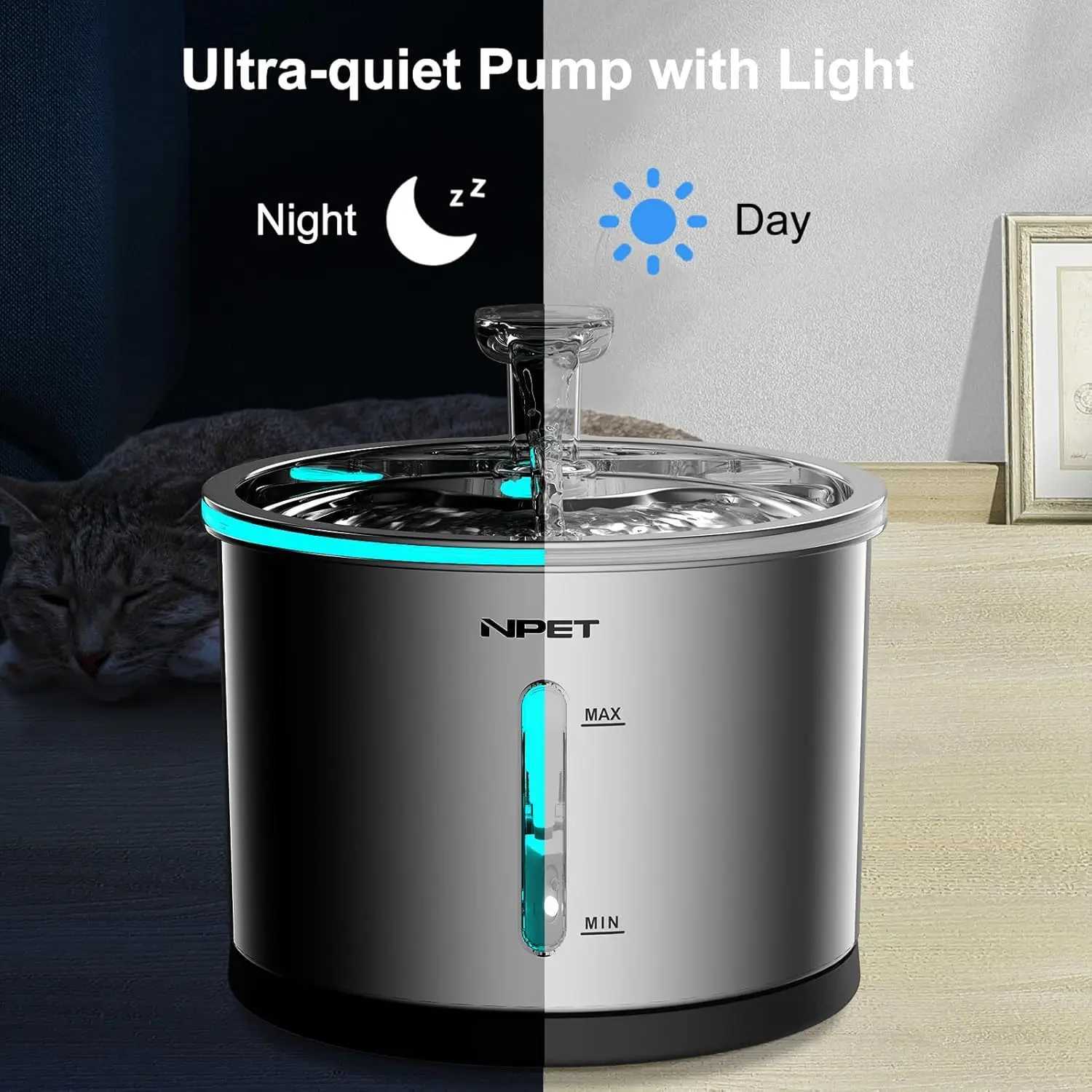 NPET Cat Water Fountain Stainless Steel 50oz/15L Dishwasher Safe Pet Water Fountain with Visible Window Light for Cats M251204