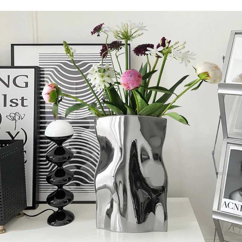 Silver Pleated Ceramic Vase Bag Shape Flower Pots Desk Decoration Artificial Flowers Decorative Floral Arrangement H251204