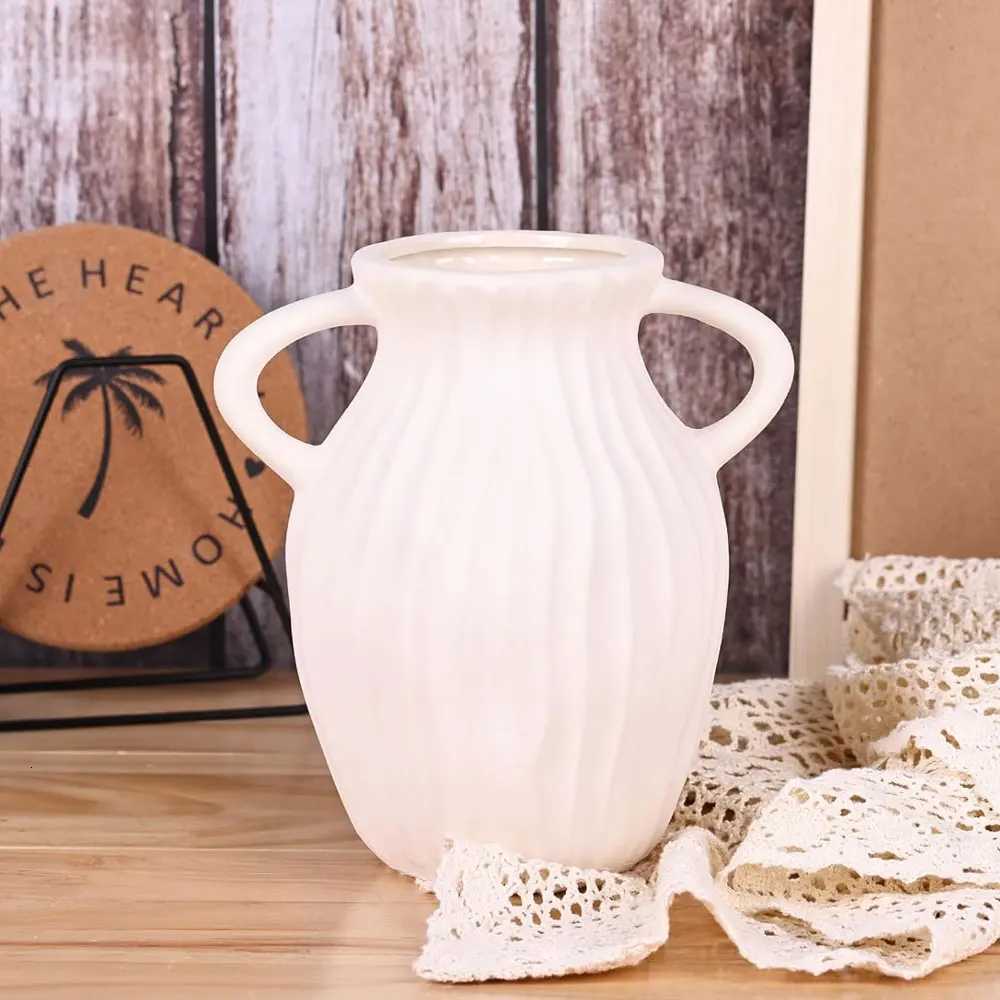 Beige White Ceramic Vase with 2 Handles Modern Farmhouse Ivory Flower Vase for Table Libing Ro He Decor H251204
