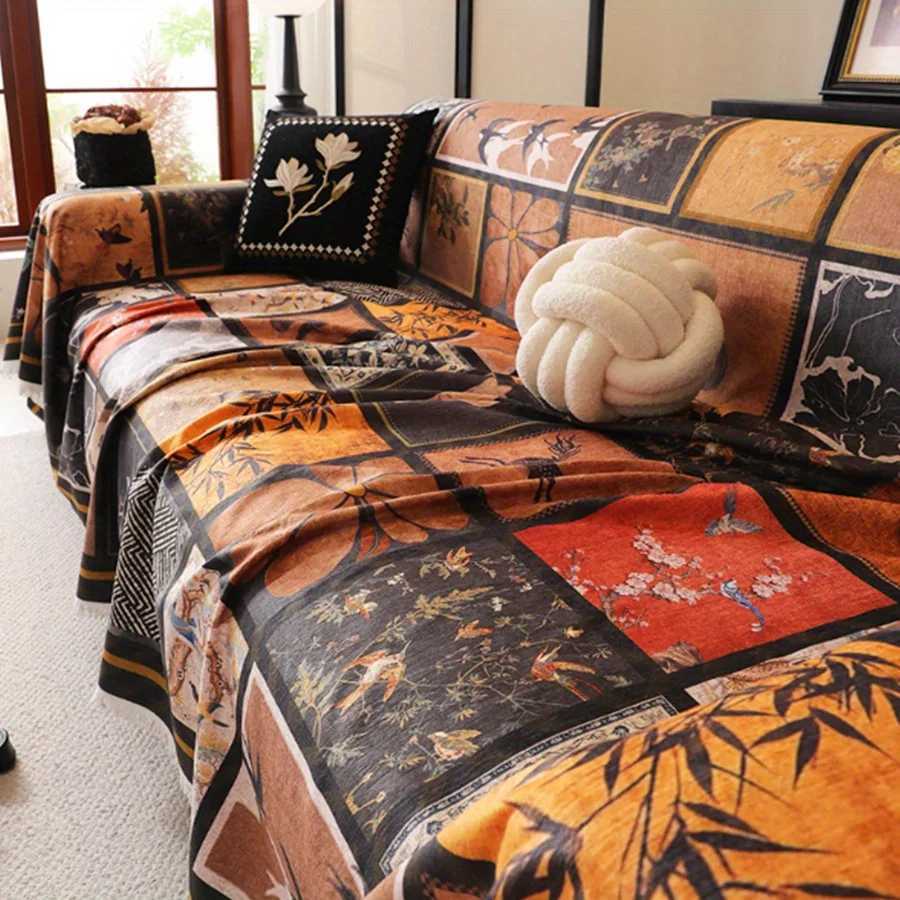 1pc Old Money Style Chenille Sofa Towel Retro Painted Grid Print Sofa Throw Blanket with Tassels All-cover Couch Protector M251204 - view 7