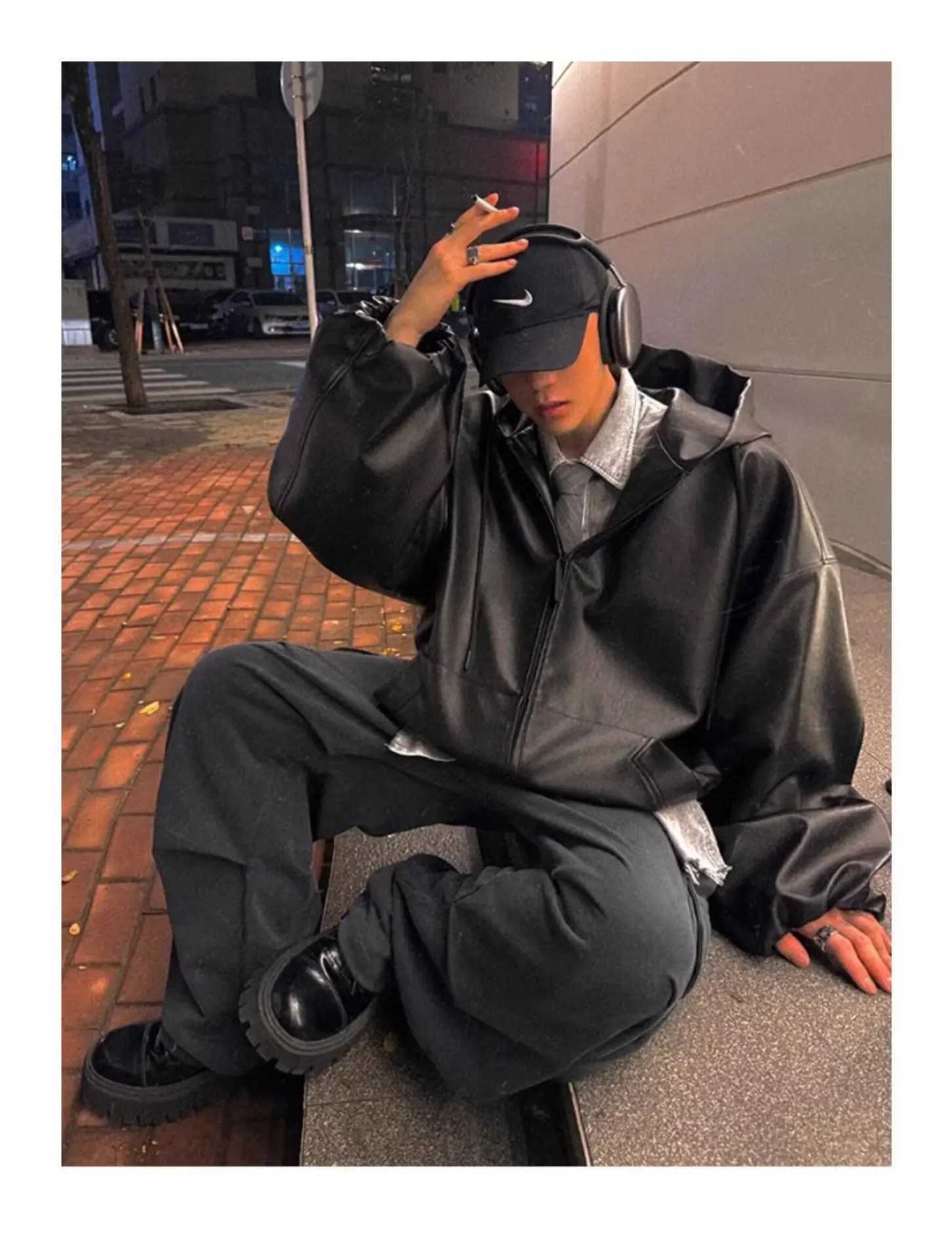 Luxury Mens Short Wide Hooded Leather Jacket Spring Autumn Loose Fit Casual Outerwear CoatT251204