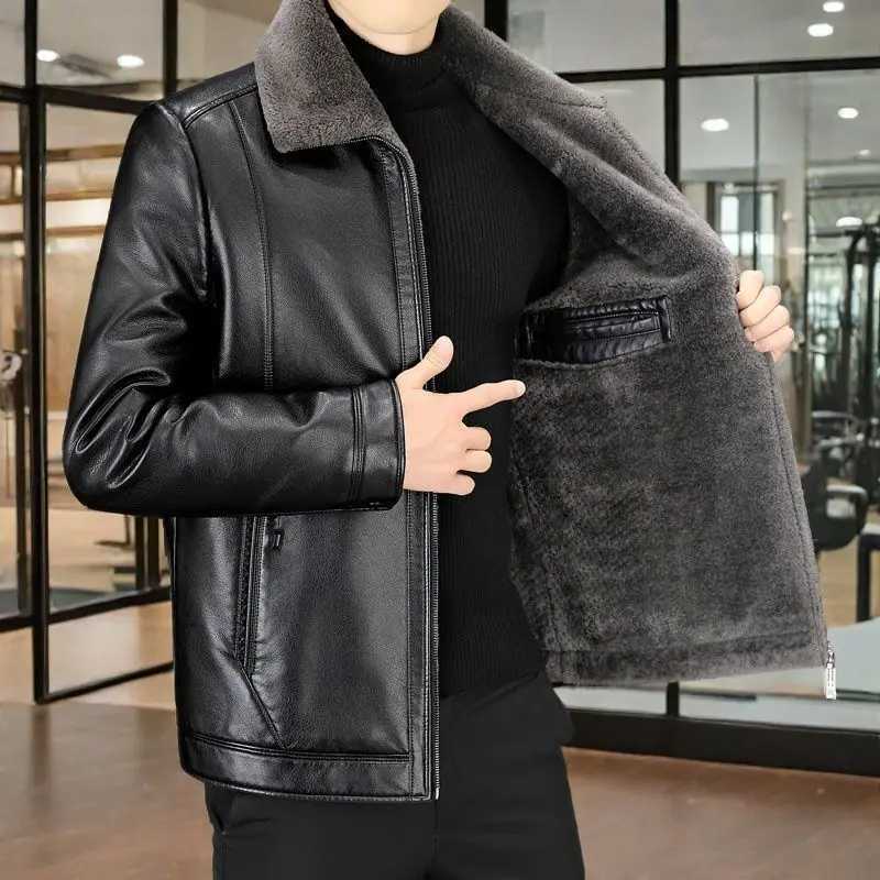 Lapel Warm Middle-aged and Elderly Autumn Winter Short Mens Leather Jacket Winter CoatT251204