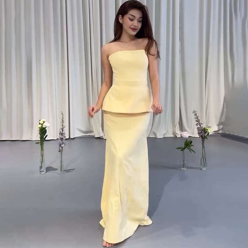 European American Women's Fashion New Solid Color Sleeveless Tube Top And Bodycon Long Skirt Set B5