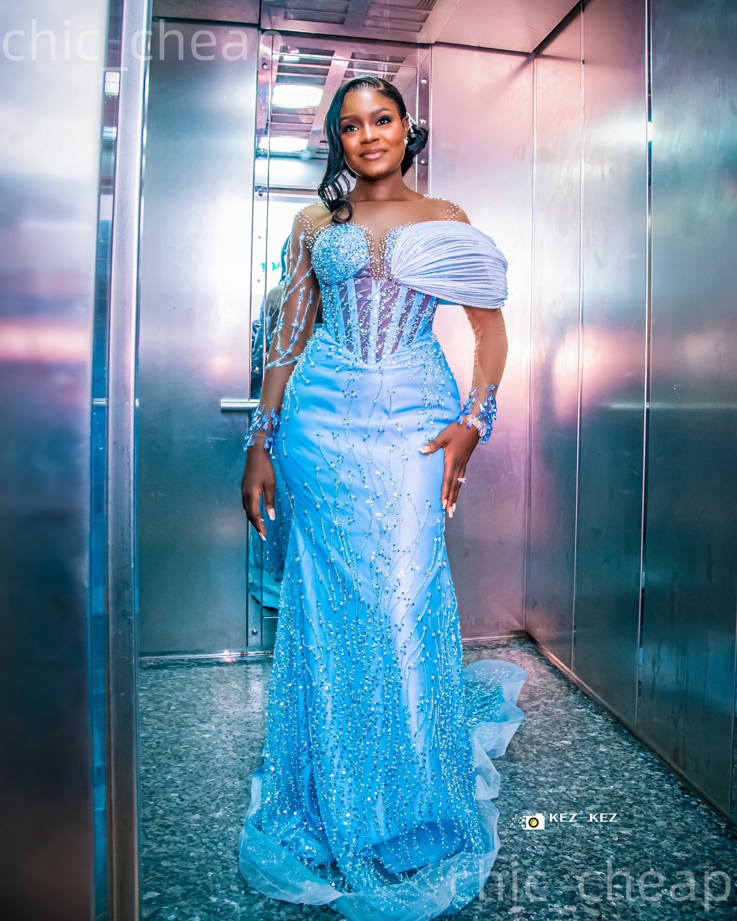 Aso Ebi Light Sky Blue Mermaid Prom Dresses 2026 Beaded Rhinestones Evening Formal Party Second Birthday Engagement Gowns Plus Size Dress For Special 