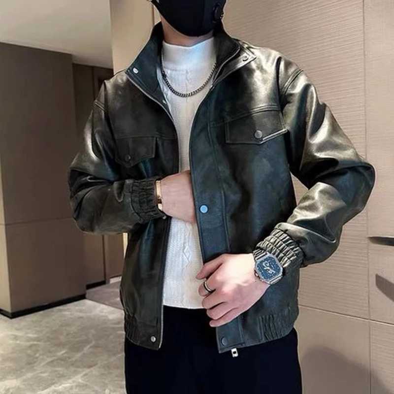 Maillard Fashion Brown Leather Jacket Men Korean Style Spring Autumn Stamped Letters High-end Trendy Cycling Suit Leather coatT251204