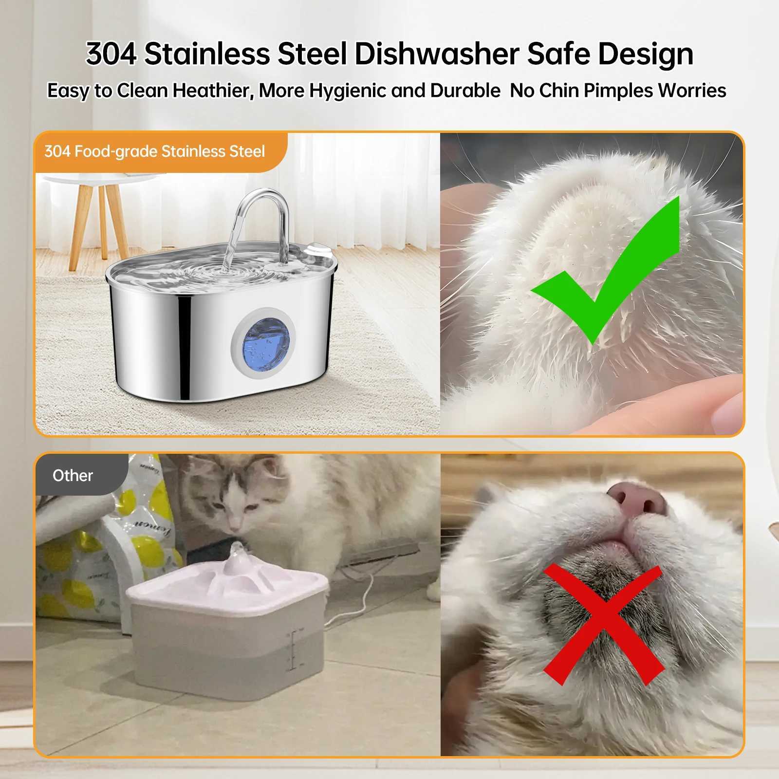 Stainless steel cat fountain 74 oz/22 liters with water level windows and silent water pump for cats and puppies M251204