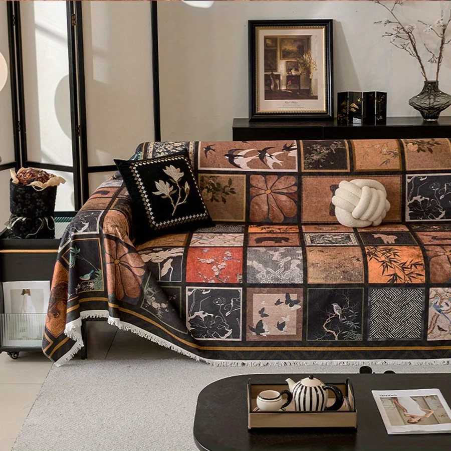 1pc Old Money Style Chenille Sofa Towel Retro Painted Grid Print Sofa Throw Blanket with Tassels All-cover Couch Protector M251204 - view 5