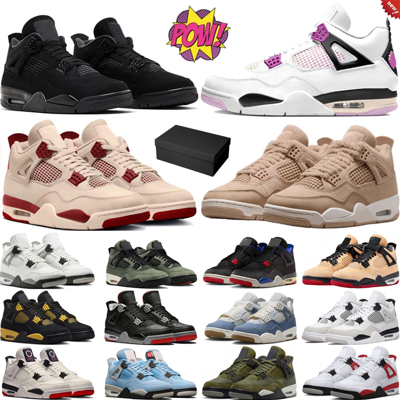 With Box 4 4s mens basketball shoes Cozy Girl Comic Pizza Black Cat White Cement by Brick Bred Reimagined Military Thunder UNC Blue men women trainers sports sneakers