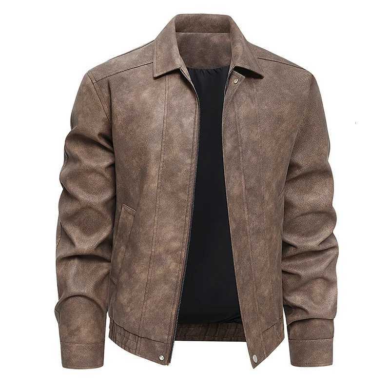 2025 Autumn Men Leather Coat Vintage Motorcycle Punk Turn Down Collar Male Coat Long Sleeve Windproof Waterproof Man OuterwearT251204