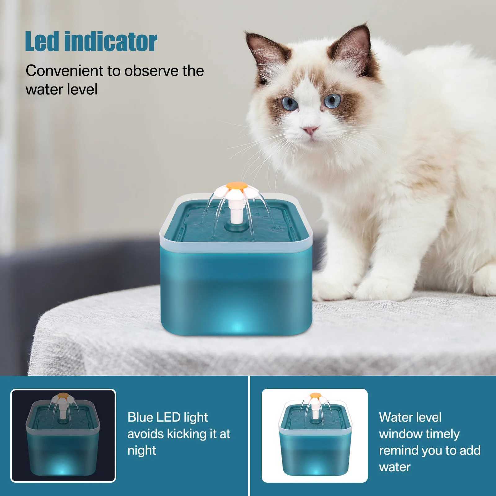 67oz/2L Ultra Silent Pet Fountain with LED LightingActivated Carbon Auto Filter Water Dispenser Mute Drinker for Cats Small Dog M251204