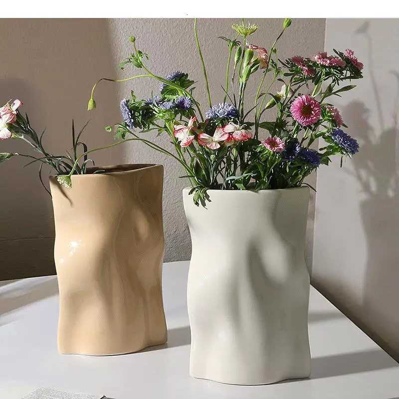 Pleated Bag Shape Vase Ceramic Flower Pots Desk Decoration Artificial Flowers Decorative Floral Arrangement Vases H251204