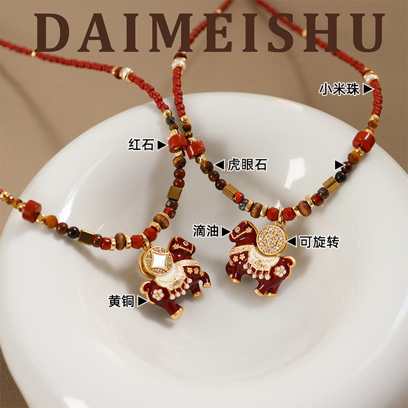 Original Fashion Exquisite Red designer Oil Drop "Get Rich Quickly" Horse Pendant free shipping Necklace Light Luxury luxury High-End Clavic