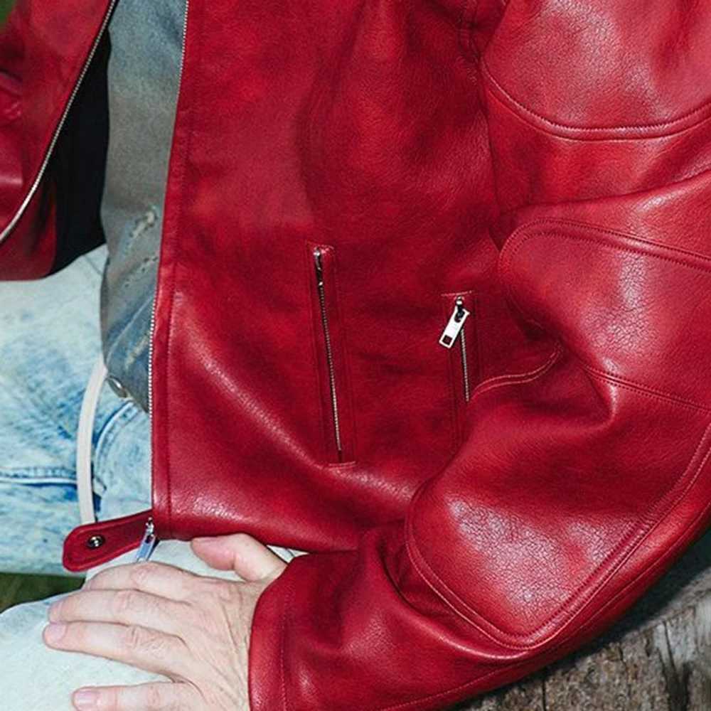 Mens Red Long-Sleeved Pu Leather Jacket American Retro Fashion Trend Street Hip-Hop Loose Casual Niche 2025 Mens New JacketT251204