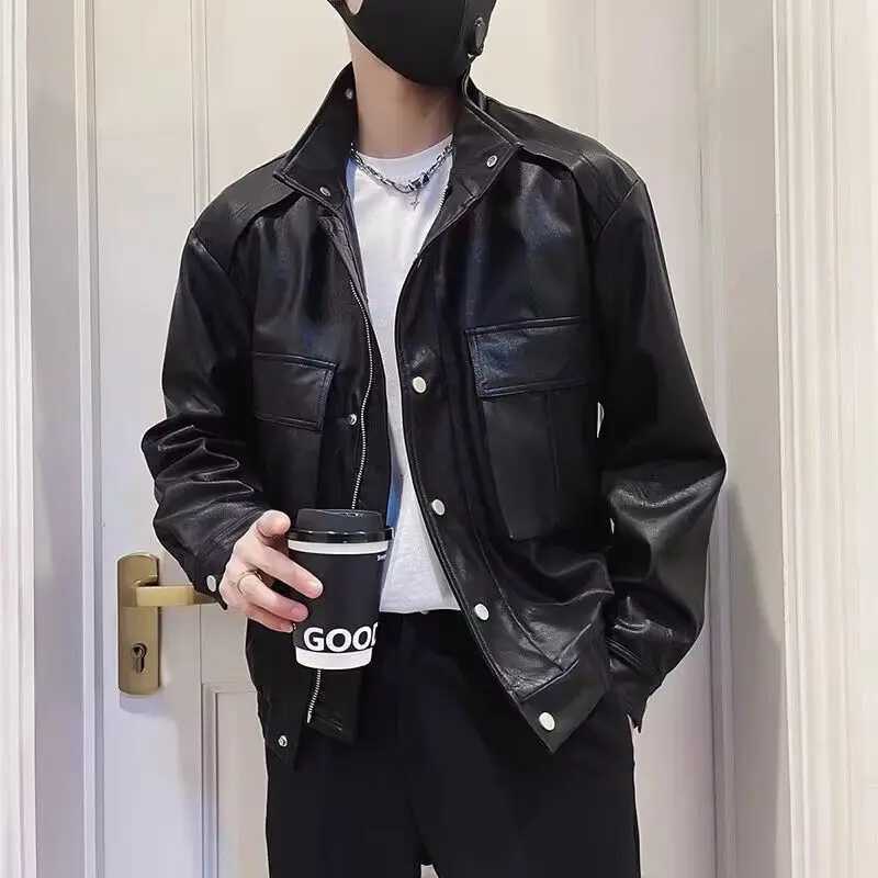 Autumn Winter New Fashion Turn-down Collar Long Sleeve Solid Leather Clothing Jackets Mens Clothing Korean All-match Chic TopsT251204