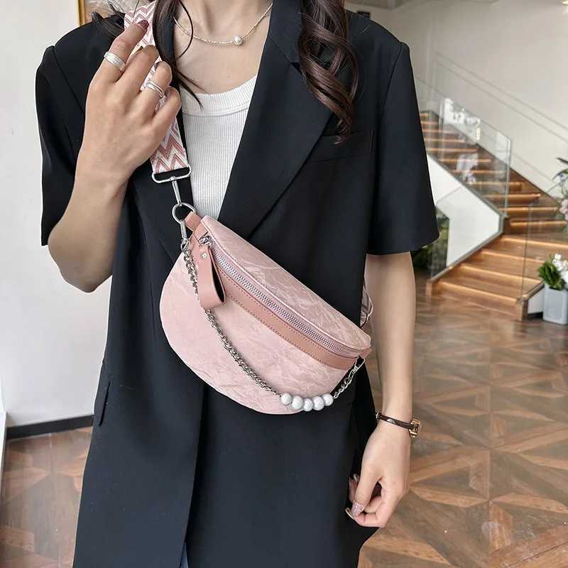 Luxury Beading Chain Waist bag For Women Elegant Solid Colour PU Leather Fanny Pack Ladies Waist Pack Female Crossbody Chest BagT251204