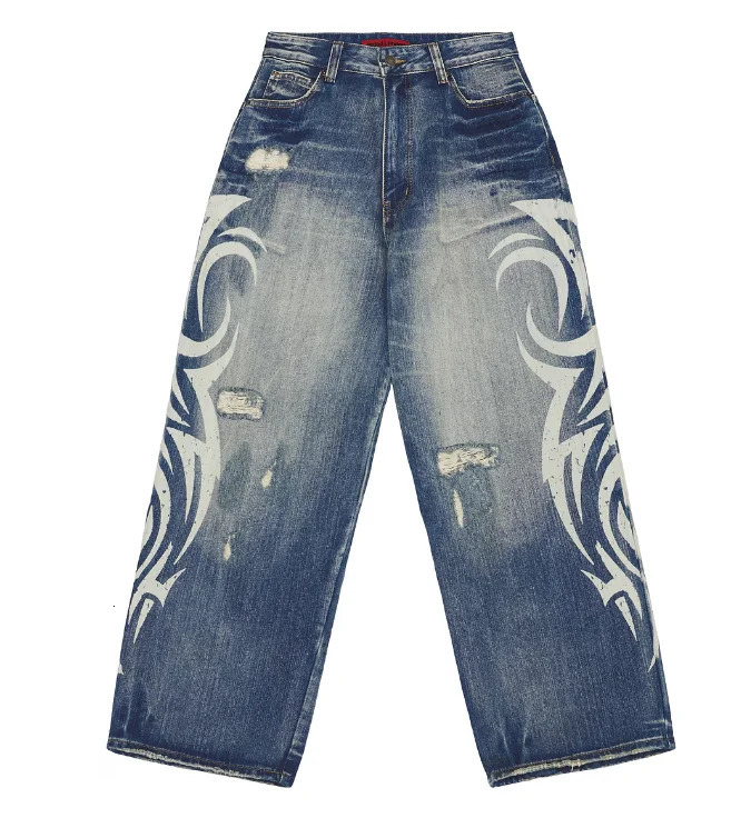 Men Black High Waist Loose Fit Ripped Distressed Jeans with Pink Graffiti Print Stylish Hip Hop Vintage Style Casual Denim Pants 251201