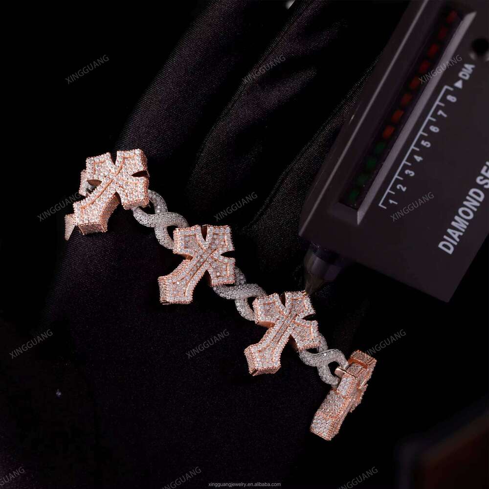 Starlight 925 Sterling Silver Iced Out Infinity Cross Cuban Chain Bracelet with VVS Silicon Stone Diamond Two-tone Hip Hop Style