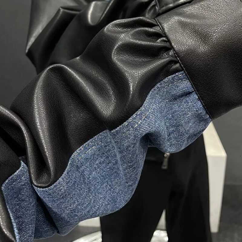 PFHQ Mens Leather Jacket Autumn New Trendy Denim Patchwork Design Versatile Simple Long Sleeve Lapel Zipper Men Coats 21E7531T251204