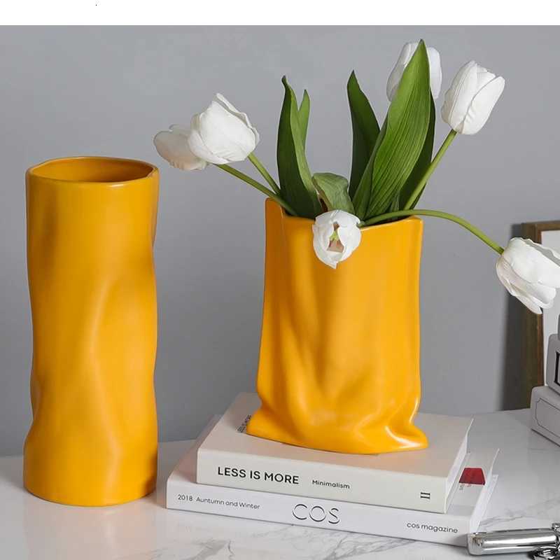 Ceramic Vase Fold Cloth Bag Flowerpot Silver Flower Arranger Floral Accessories Hydroponics He Decoration H251204