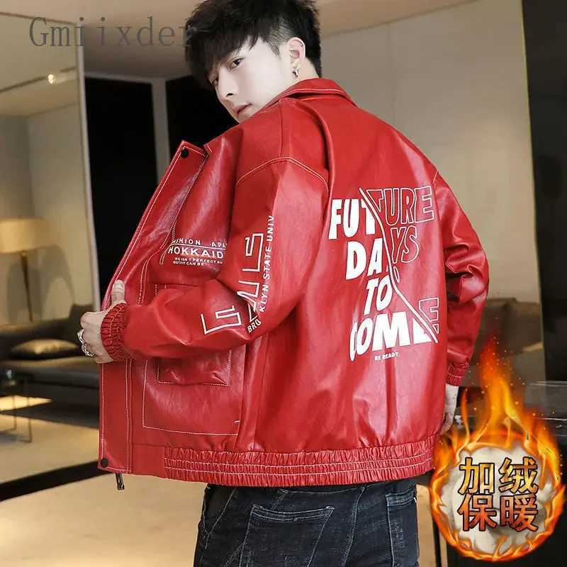 Fashionable Leather Jacket Autumn Winter New Coat Korean Style 2025 Top Trendy Printed Lapel Plus Velvet Motorcycle ClothesT251204