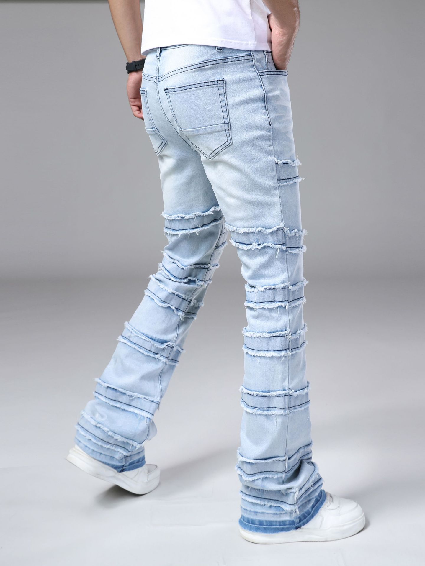 New cross-border men's straight-leg pants a popular stretch patchwork denim straight-leg pants in European and American street fashion on Instagr