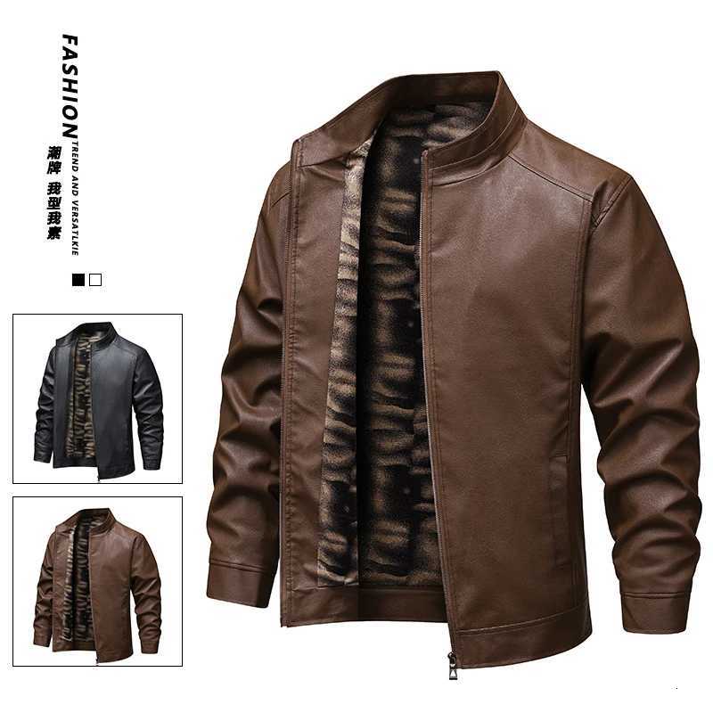 Standing Collar Mens Leather Jacket Brand Fleece Spring New Style Leather Jacket Mens Windproof Casual Motorcycle Warm JacketT251204