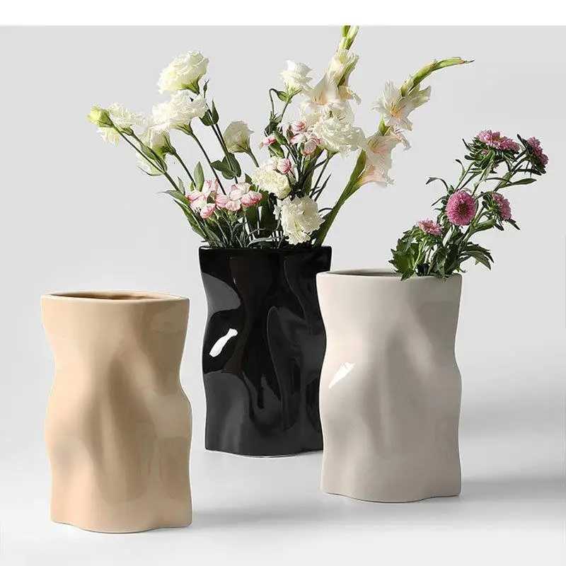 Pleated Bag Shape Vase Ceramic Flower Pots Desk Decoration Artificial Flowers Decorative Floral Arrangement Vases H251204