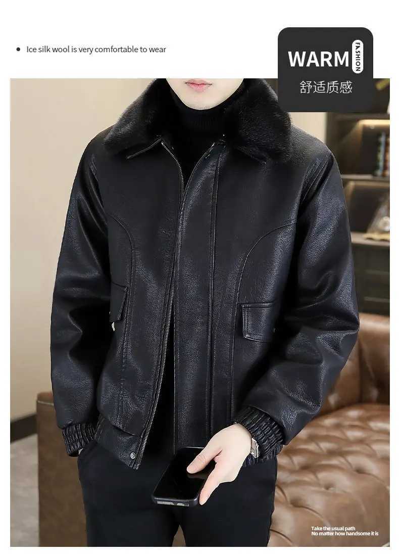 2025Mens Fleece-Lined Thickened Fur Collar Leather Jacket Autumn Winter New Style High-QualityT251204