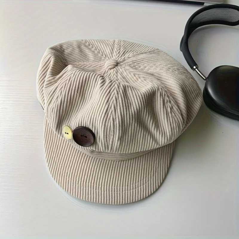 Vintage Beret Brown Vintage Japanese Style Octagonal Beret Hat with Button Flannel Face Painting CapXJ251204 - view 4