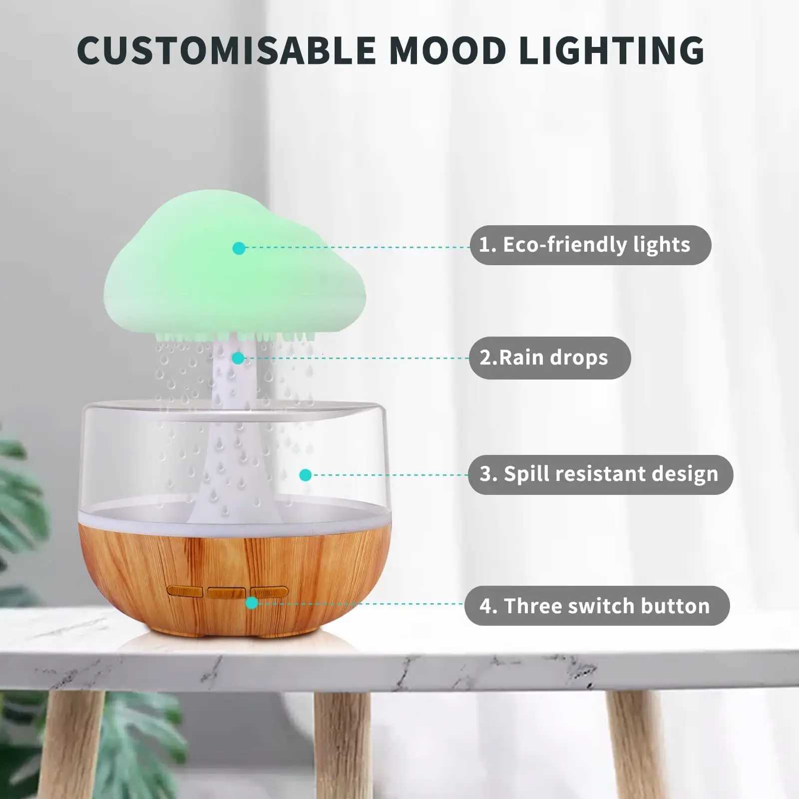 Rechargeable Cloud Rain Humidifier for bedro with Soothing Rain Sounds He Essential Oil Diffuser with 7 LED Light C251204