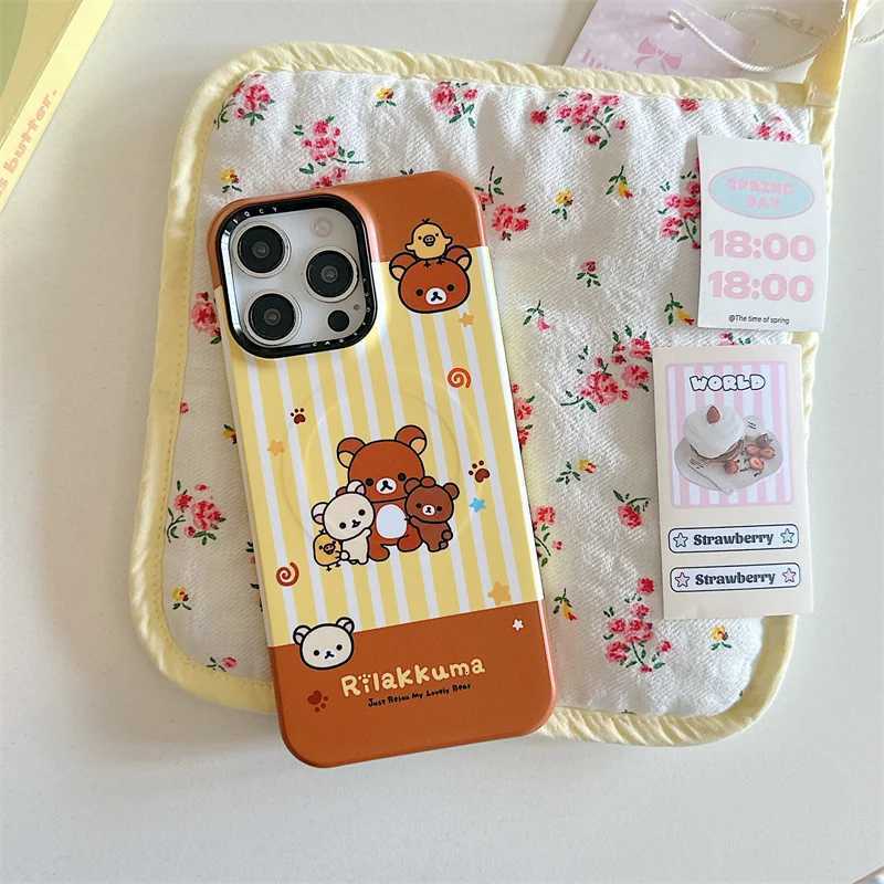 Kawaii Cartoon Bear Strip Plaid Pattern Magnetic Phone Case For iPhone 17 Pro 15 14 16 Pro Max Cover with Holder Cute Cases H251203