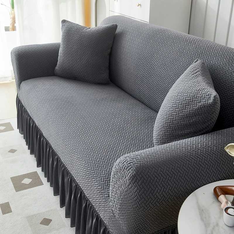 Solid Color Thick Sofa Cover for Living Room Elastic Jacquard 1/2/3/4 Seater Sofa Cover With Skirt M251204 - view 6