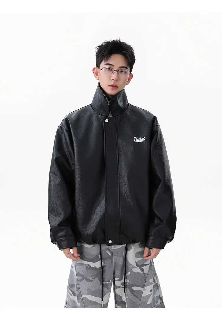 Spring and Autumn American Style Motorcycle Jacket Mens Loose Casual Handsome Turn-down Collar Black White PU Leather JacketT251204